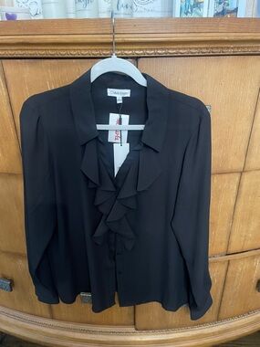 Calvin Klein Black Ruffle Front Button-Up Blouse